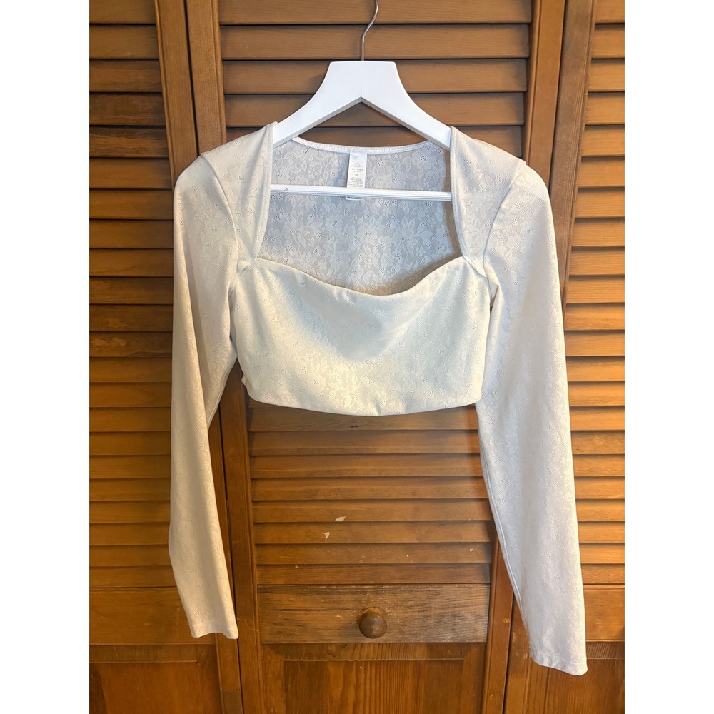 Offline by Aerie White‎ Floral Lace Long Sleeve Crop Top Square Neck Small S/P